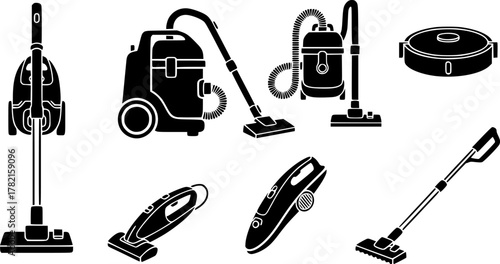 vacuum cleaners, black silhouettes, various models
