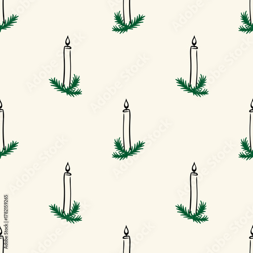 Elegant and minimalist vintage seamless pattern with hand drawn candles and fir branches. Christmas holiday vector background