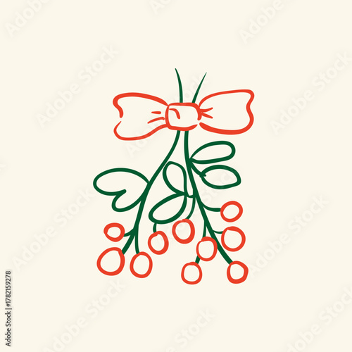 Holiday bouquet of mistletoe branches and bow. Hand drawn minimalist vector illustration in vintage style