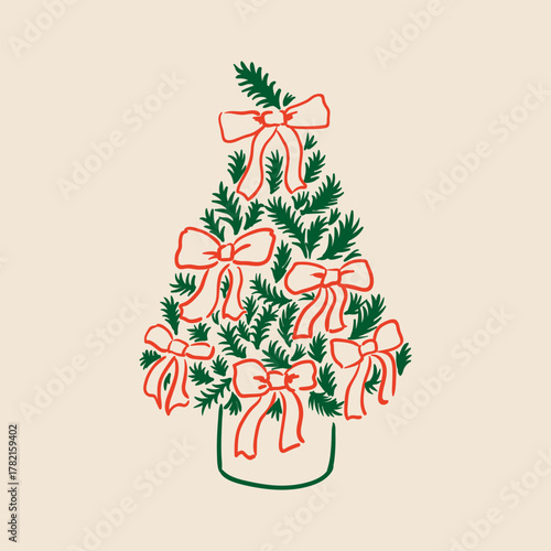 Hand drawn christmas tree with red bows. Vector winter holiday illustration in vintage sketch style