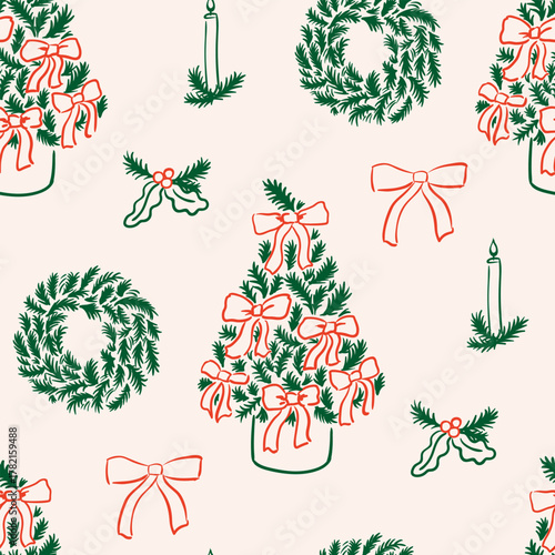 Elegant vintage background with christmas trees, bows, mistletoe, fir wreath and candles. Hand drawn holiday vector background in coquette style