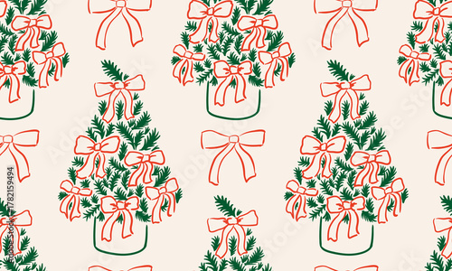 Holiday elegant seamless pattern with christmas trees and red bows. Vector hand drawn background in vintage sketch style