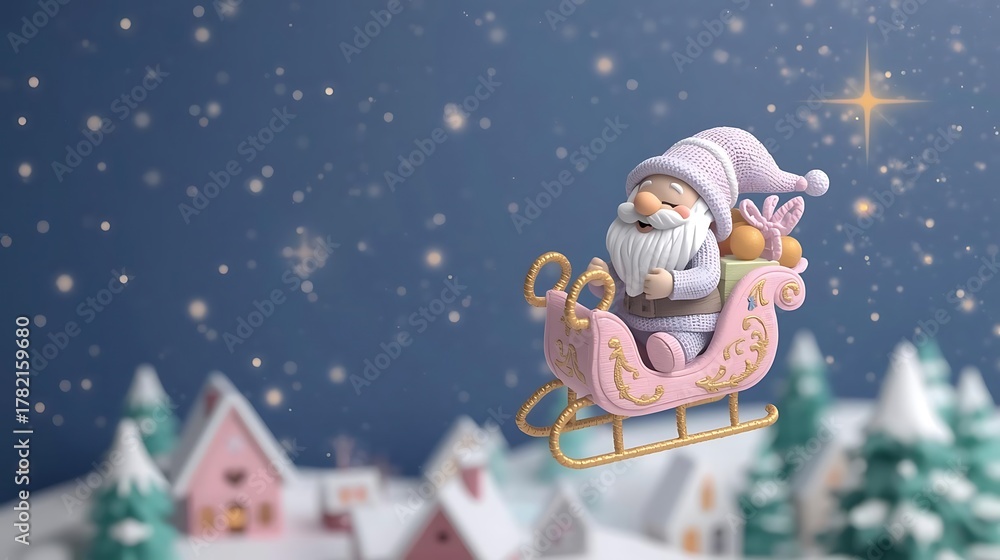Fototapeta premium Cute Knitted Santa in Pink Sleigh Flying over VillageChristmas Night Sky with Gnome and Guiding Star