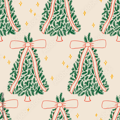 Holiday seamless pattern with christmas tree and red bows. Hand drawn vector background in vintage coquette aesthetic
