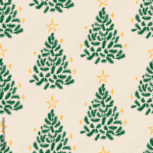 Holiday elegant seamless pattern with christmas trees and stars. Vector hand drawn background in vintage sketch style
