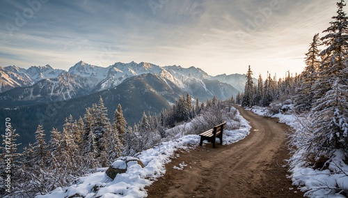 Fototapeta Naklejka Na Ścianę i Meble -  Snow-covered mountains with a thick forest, a serene resting place for reflection