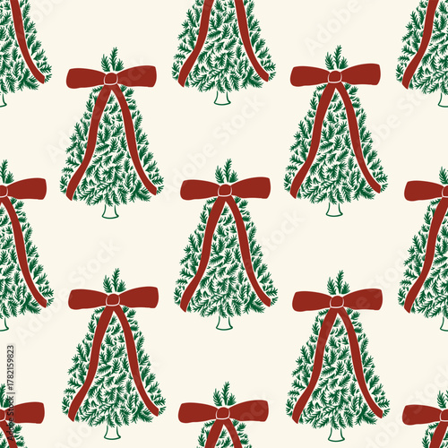 Holiday seamless pattern with christmas tree and burgundy bows. Hand drawn vector background in vintage coquette aesthetic