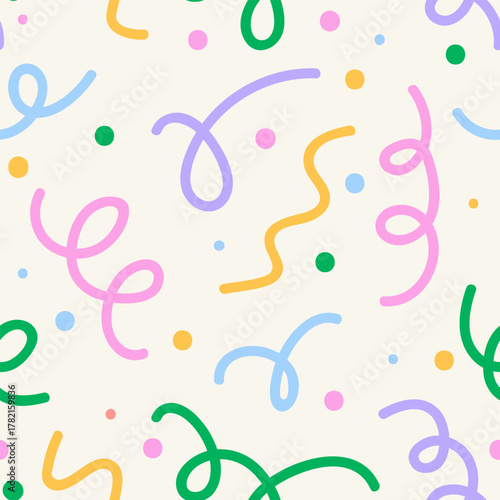 Playful and funky seamless pattern with quirky lines. Vector holiday background. Celebration, birthday confetti concept. Colorful festival scribbles