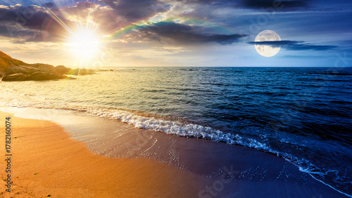 panoramic view of sand beach landscape. day and night time change concept. summer solstice season at the sea with sun and moon on sky. beautiful seaside with calm water. wide coast travel banner © Pellinni