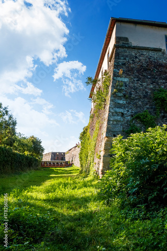 uzhhorod, ukraine - 08 aug 2012: grass in the old castle moat on a sunny afternoon. legendary landmark of transcarpathia under blue sky. medieval stronghold vertical travel background © Pellinni