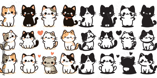 Set of cute cat vectors and shilhouttes on a white background