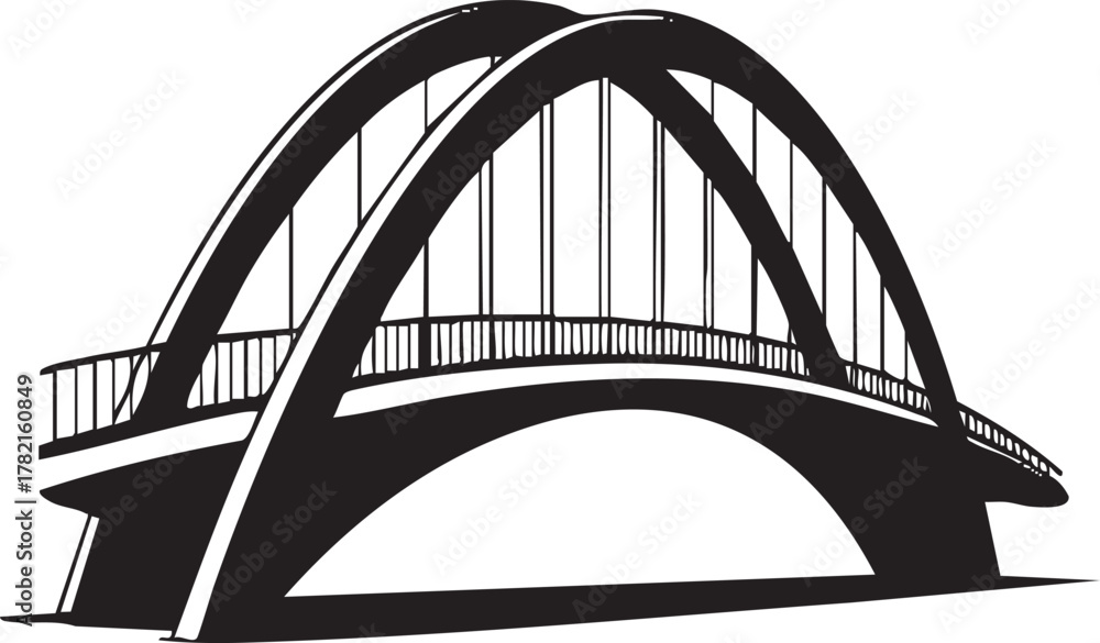 Obraz premium A stylized black and white sketch of a modern arch bridge with multiple spans and vertical supports, set against a white background.