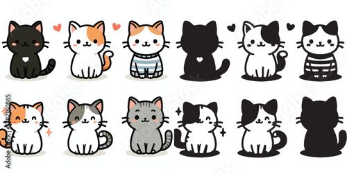 Set of cute cat vectors and shilhouttes on a white background