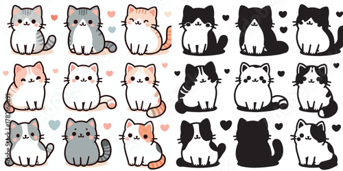 Set of cute cat vectors and shilhouttes on a white background