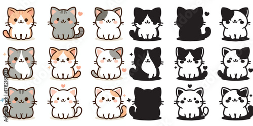 Set of cute cat vectors and shilhouttes on a white background