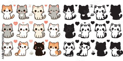 Set of cute cat vectors and shilhouttes on a white background