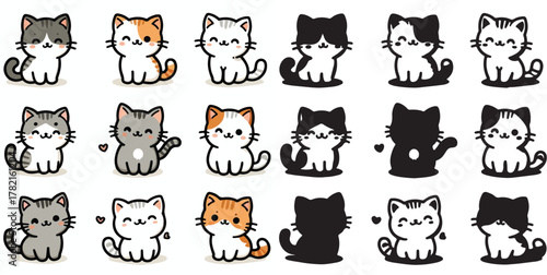 Set of cute cat vectors and shilhouttes on a white background