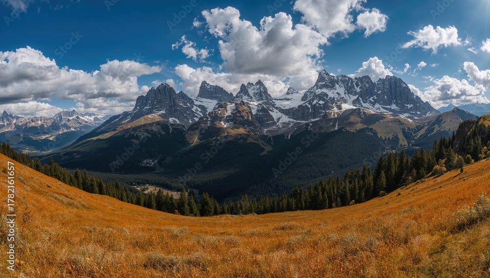 Fototapeta premium A wide view of the Dolomite mountains showcasing snow-covered peaks, golden meadows, and a clear sky, highlighting seasonal change