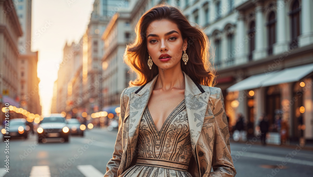 Fototapeta premium Elegant woman in city street, wearing stylish dress and jacket, looking at camera