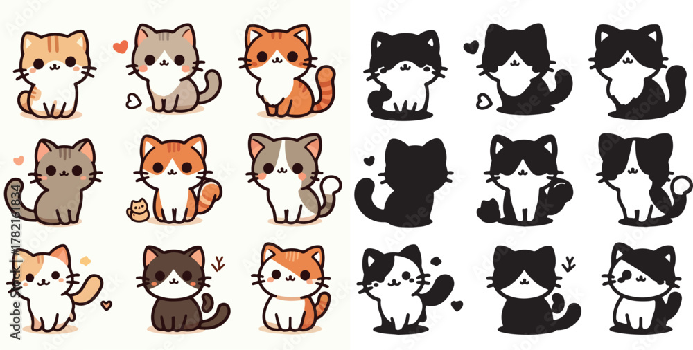 Obraz premium Set of cute cat vectors and shilhouttes on a white background