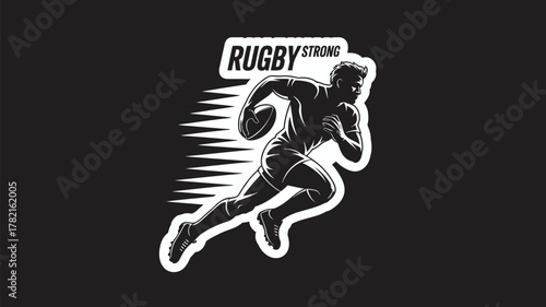 Dynamic rugby player running powerfully with the ball, ready for action and victory on the field, embodying strength and determination