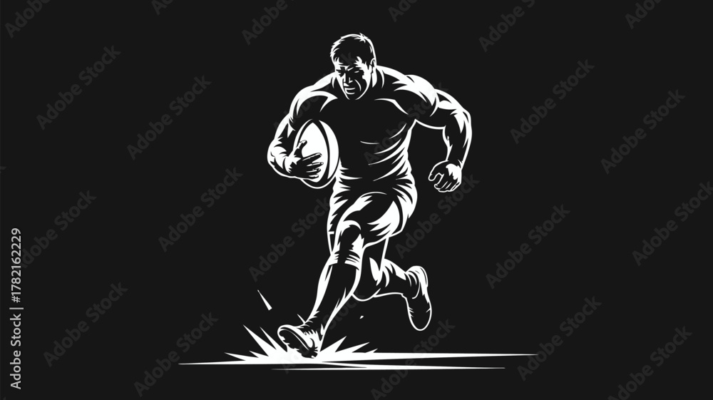 Fototapeta premium Dynamic rugby player sprints with ball in hand, showcasing strength, speed, and intense action against a bold backdrop for sports marketing materials