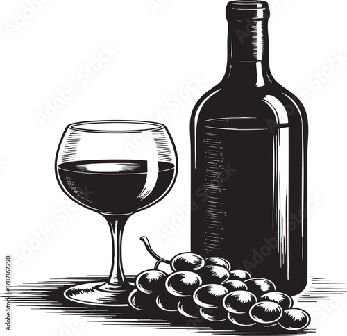 A classic still life drawing featuring a dark wine bottle, a glass of red wine, and a bunch of grapes on a white background.