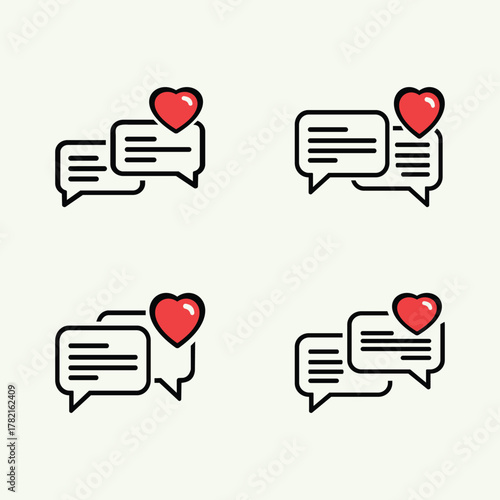 Four chat bubble icons with red hearts, symbolizing love messages and online communication vector illustration