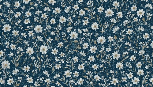 Chic tiny white blossom design with classic floral motifs. Continuous pattern ideal for fabric designs. Delicate flower arrangement in a repeated 2D textured format. Seasonal spring flora theme.