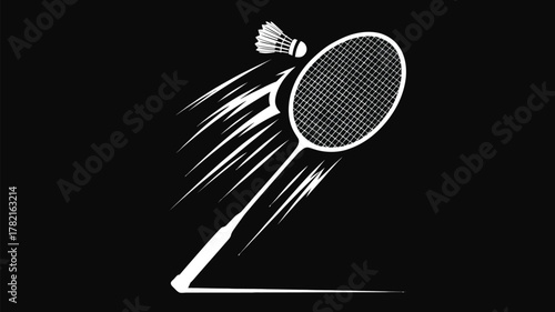 Dynamic badminton racket and shuttlecock illustration against a black background, perfect for sports brands or athletic equipment promotions