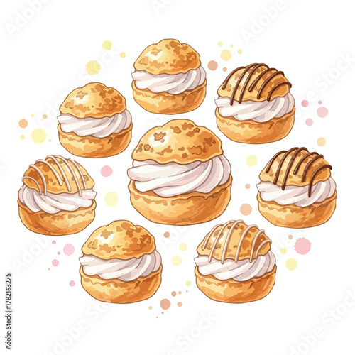 Vector Illustration of Cream Puffs with Whipped Cream and Drizzle in Modern Organic Style