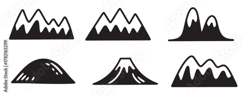 collection of six distinct hand drawn mountain silhouettes
