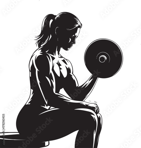 A strong woman's silhouette is captured as she performs a bicep curl with a dumbbell in a sunlit gym.