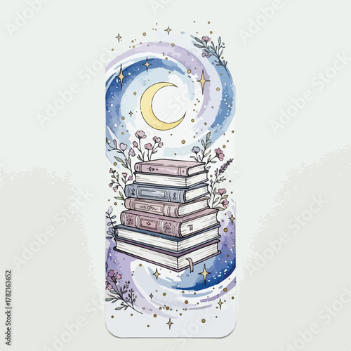 Minimalist Vector Illustration of Stack of Books with Moon and Stars in Dreamy Night Sky Style