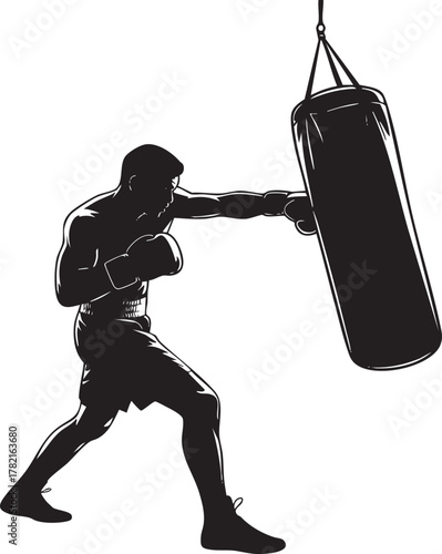 A dynamic black and white silhouette of a boxer in mid-punch, striking a hanging heavy bag with power and focus.