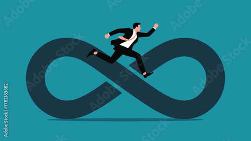 Dynamic businessman sprinting on infinity loop symbolizes continuous improvement and business growth, inspiring ambition and endless possibilities for success