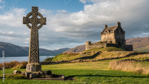 Celtic Cross structure near water, symbol of heritage and history, preservation