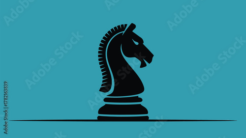 Striking black chess knight on vibrant teal background, ideal for strategy games, board game promotions, and sophisticated design projects