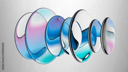 A composition of colored crystal lenses refracting colored iridescent gradients. 3d illustration of oval glass pieces.