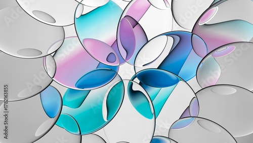 A composition of colored crystal lenses refracting colored iridescent gradients. 3d illustration of oval glass pieces. A kaleidoscope of colored water droplets. © NeoLeo