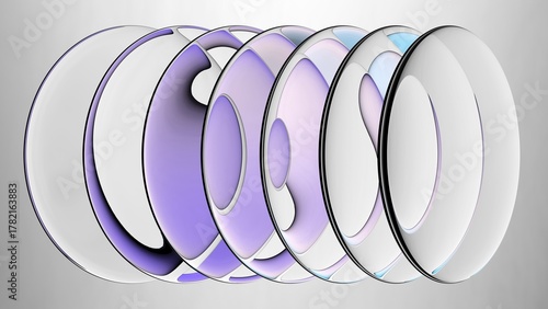 3d rendering. Abstract background. Glass lenses refracting violet blue gradient. Oval transparent pieces
