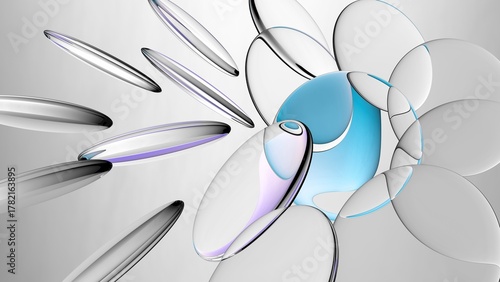 3d rendering. Abstract minimalist aesthetic wallpaper. Flat oval transparent pieces isolated on white background. Glass lenses refracting violet blue gradient © NeoLeo