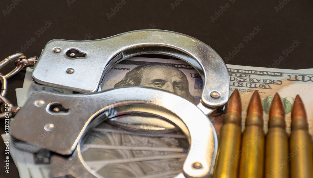 Obraz premium Metal handcuffs and rifle bullets with dollar banknotes symbolizing crime power and corruption