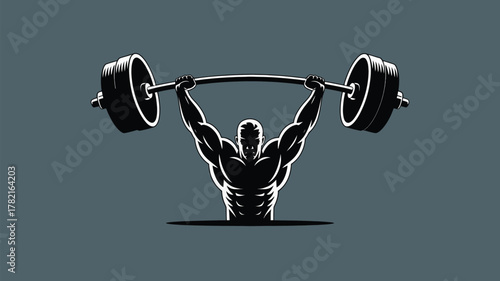 Powerful bodybuilder lifting heavy barbell overhead for fitness motivation, muscle strength, and intense workout goals – achieve peak performance now!