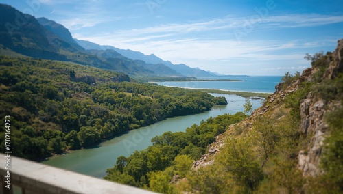 Fototapeta Naklejka Na Ścianę i Meble -  Lush forest, flowing river, towering cliffs, and rugged stones seen from a bridge. Focused shot with space for text