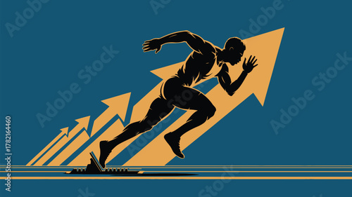 Dynamic sprinter launching toward success, arrows symbolizing growth and achievement, perfect for motivational business and sports marketing campaigns