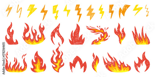 Hand drawn fire and thunder. Burning flames, lightnings icons. Crayon or colored pencil drawing elements. Hot, campfire, electricity, power neoteric vector symbols