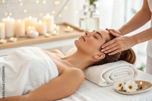 Woman enjoying a relaxing head massage at spa with candles and flowers