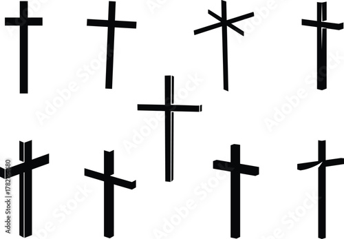 Black cross symbols vector illustration, religious faith sign, Christian crucifix icon set, minimalist spiritual design, isolated graphic elements for logo, tattoo, and decoration