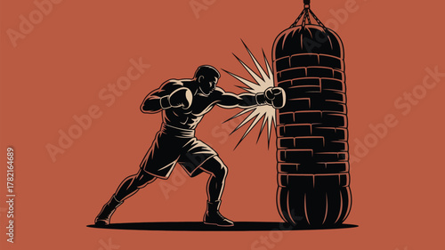 Dynamic boxer delivering a powerful punch to a heavy bag, showcasing strength, determination, and fitness in a classic, vintage-inspired design